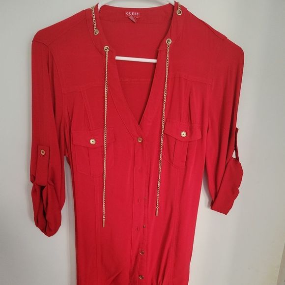 Guess Chain Accented Button Dress in Red - Picture 5 of 5